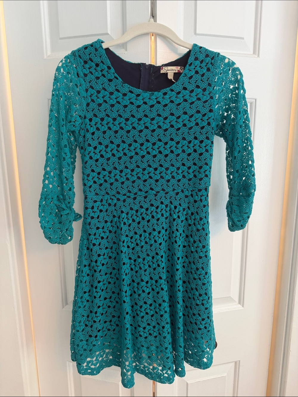 Speechless Teal Crochet Lace Fit & Flare Dress with Three-Quarter Sleeves